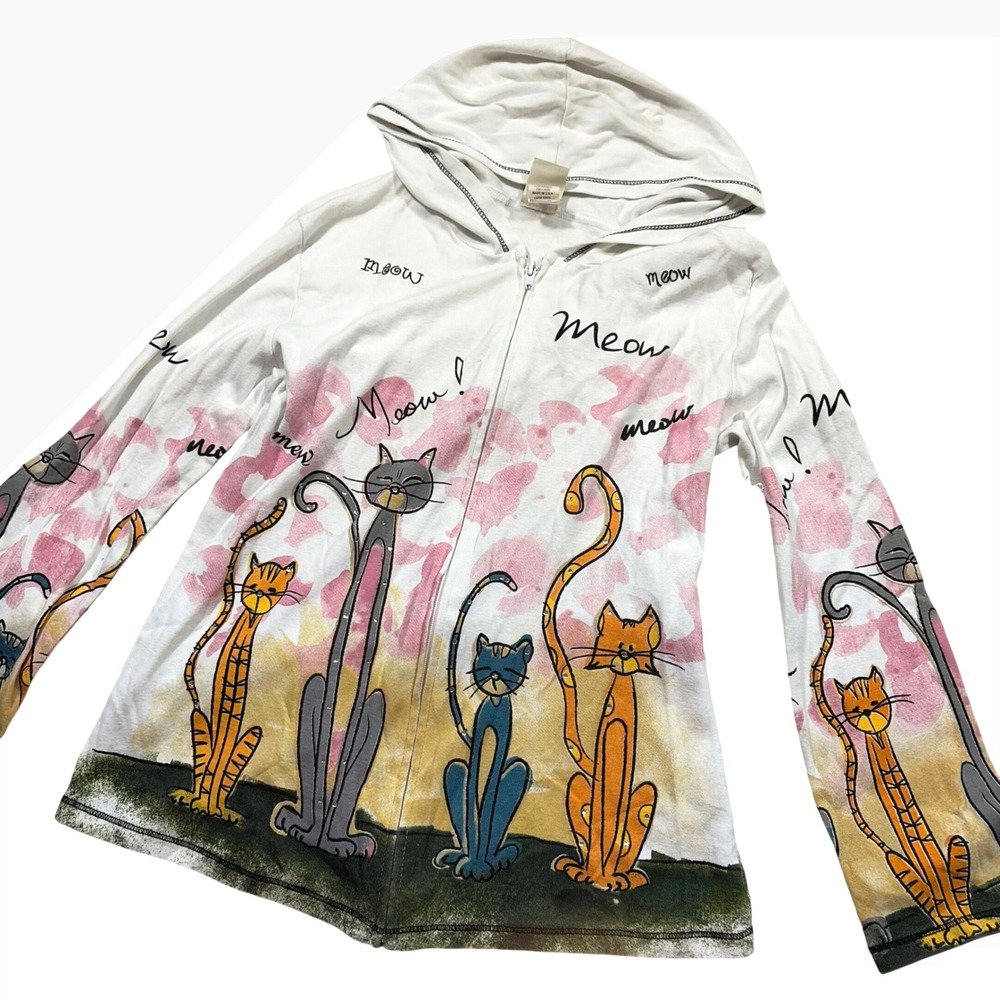 Rare Collectable Vintage Cat Rhinestone Zip Up Hoodie White Medium USA Made